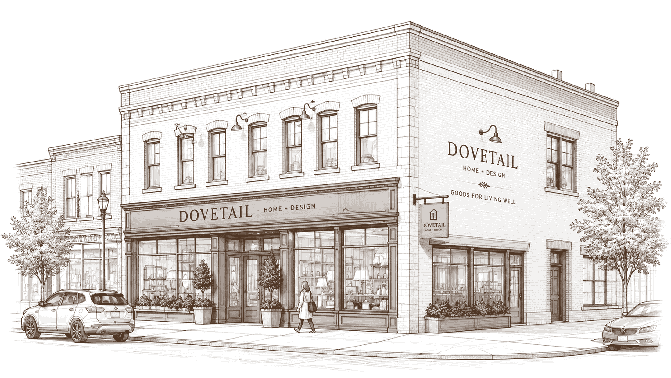 Wall sign sketch: a two-story corner storefront with the tenant sign on the sign band, a projecting blade sign, and building letters on the side wall